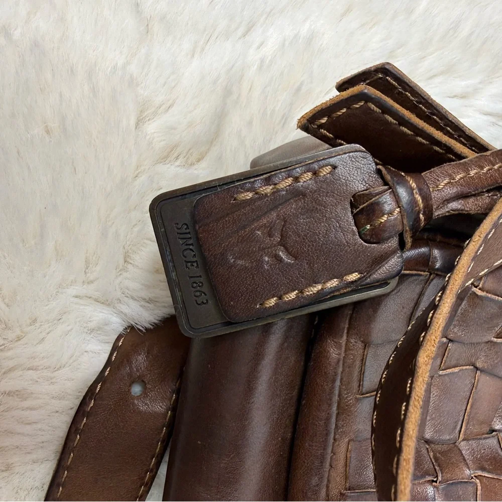 Vintage Frye‎ Dark Brown Rich Leather Sachel Bag Basket Weave Style Pockets